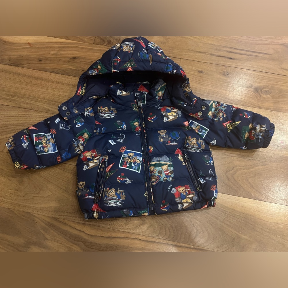 Ralph Lauren Down Puffer Baby Sz 9M Blue Removable Hood Polo Bear